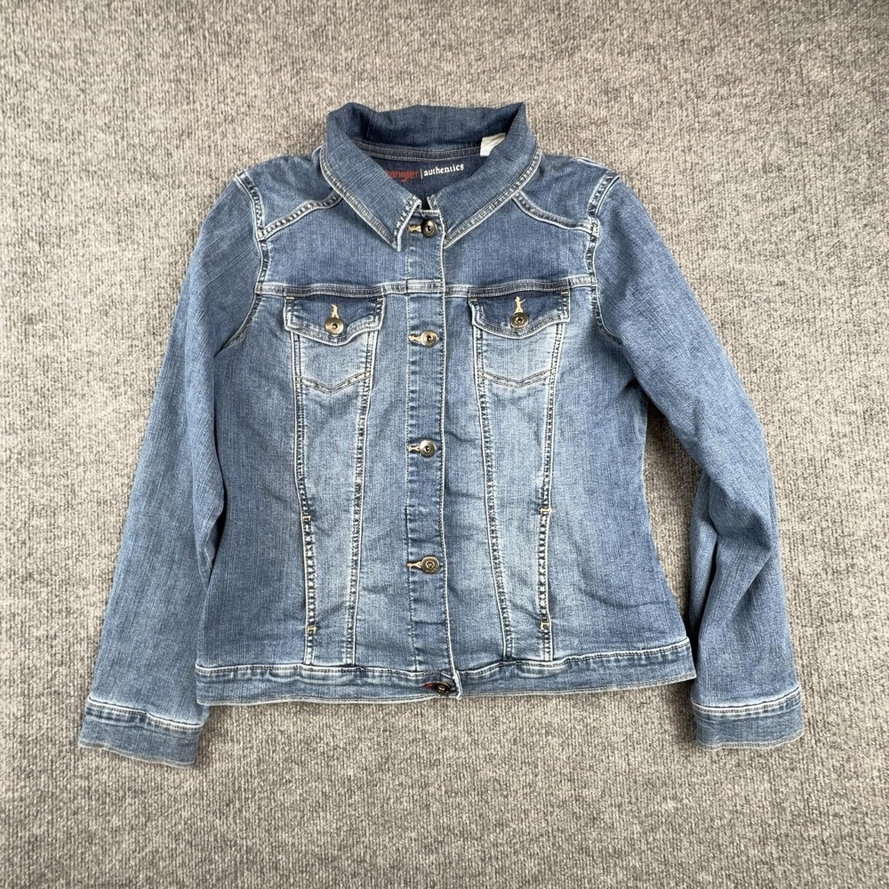 Wrangler Authentics Jacket Womens XL Blue Denim Button Front Trucker Stretch